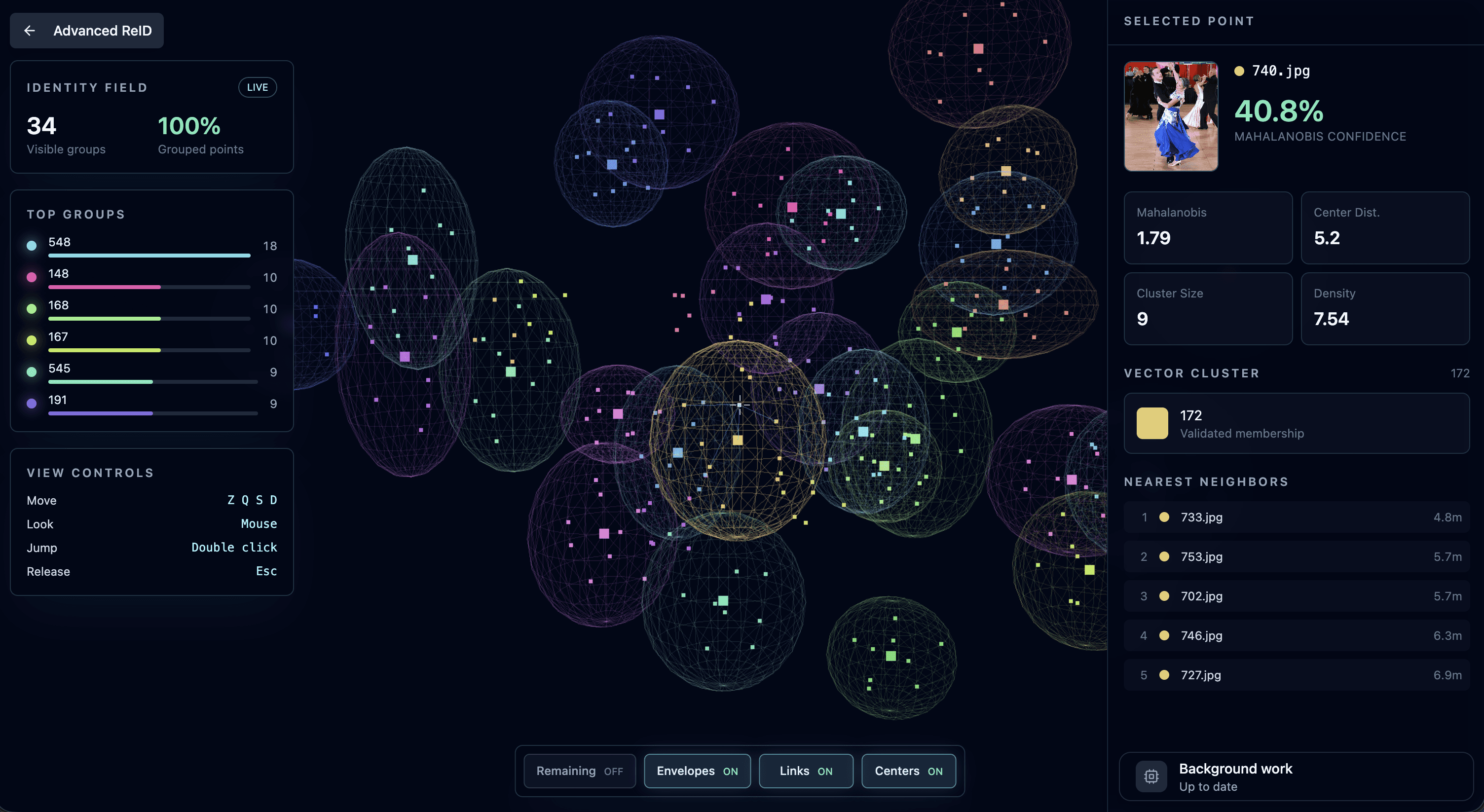 PolyReID Advanced ReID explorer showing person-image clusters, a selected crop, cluster metrics and nearest neighbours
